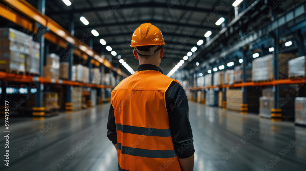custom made wallpaper toronto digitalA worker in a hard hat and safety vest supervises a large, well-lit warehouse with organized shelves and modern industrial equipment.