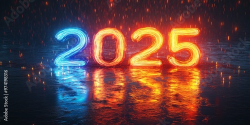 Digital Art New Year's Display with Neon Numbers "2025" on Dark Holographic Background