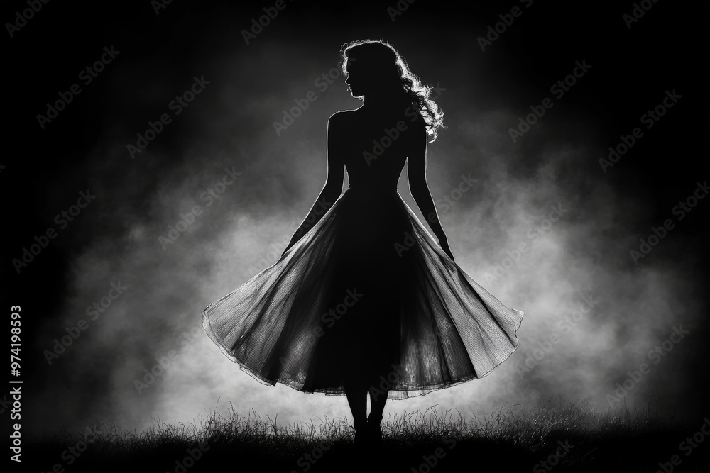 Black and white silhouette of a woman in a flowing dress, standing against a foggy, mysterious background, evoking elegance and drama. Black and white silhouette of a woman in a flowing dress, standing against a foggy, mysterious background, evoking elegance and drama.