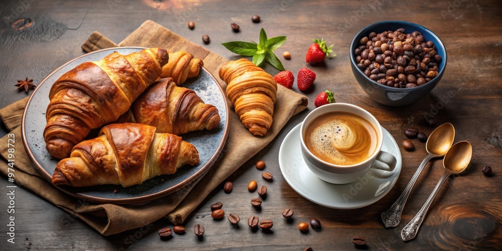 A delicious breakfast spread with coffee and croissant A delicious breakfast spread with coffee and croissant