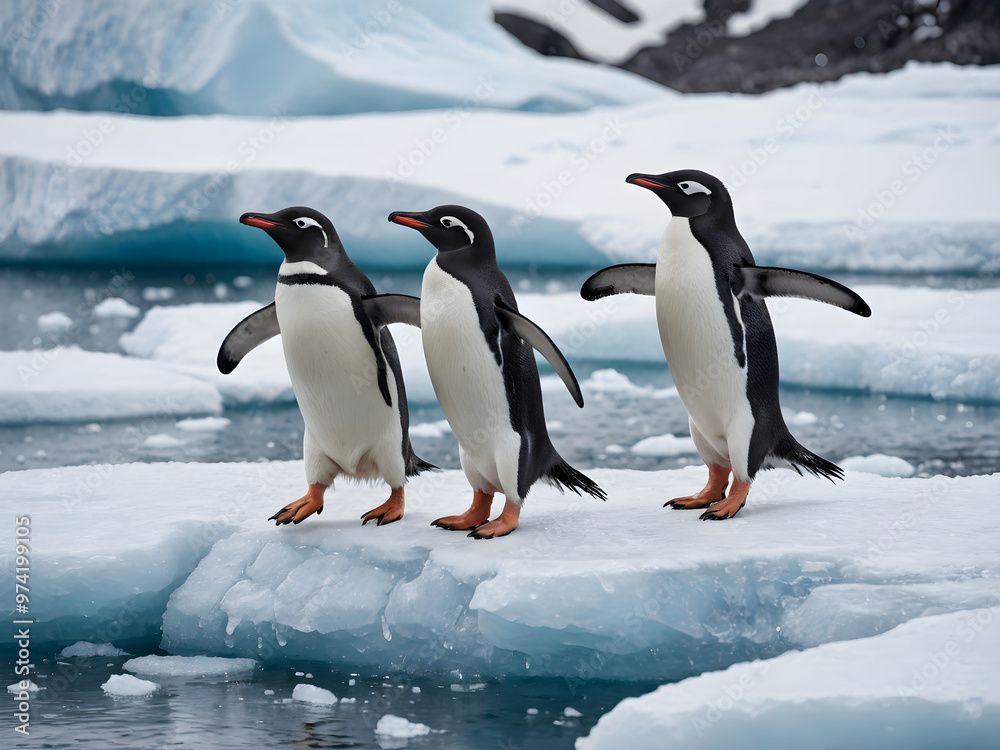 Fototapeta premium Penguins Adelie walking together on the snow. Beautiful Photography. Generative AI.