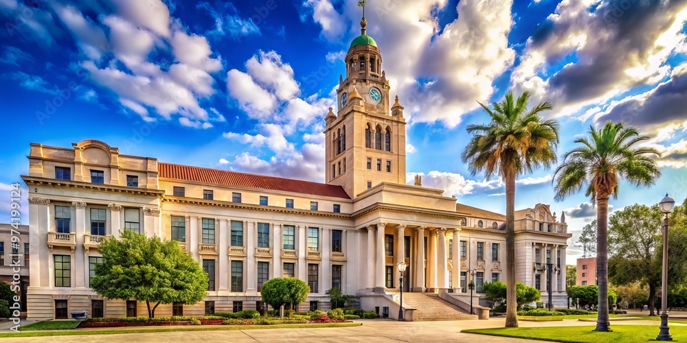 Naklejka premium Historic architectural landmark with copper-domed clock tower and neoclassical façade stands majestically amidst lush