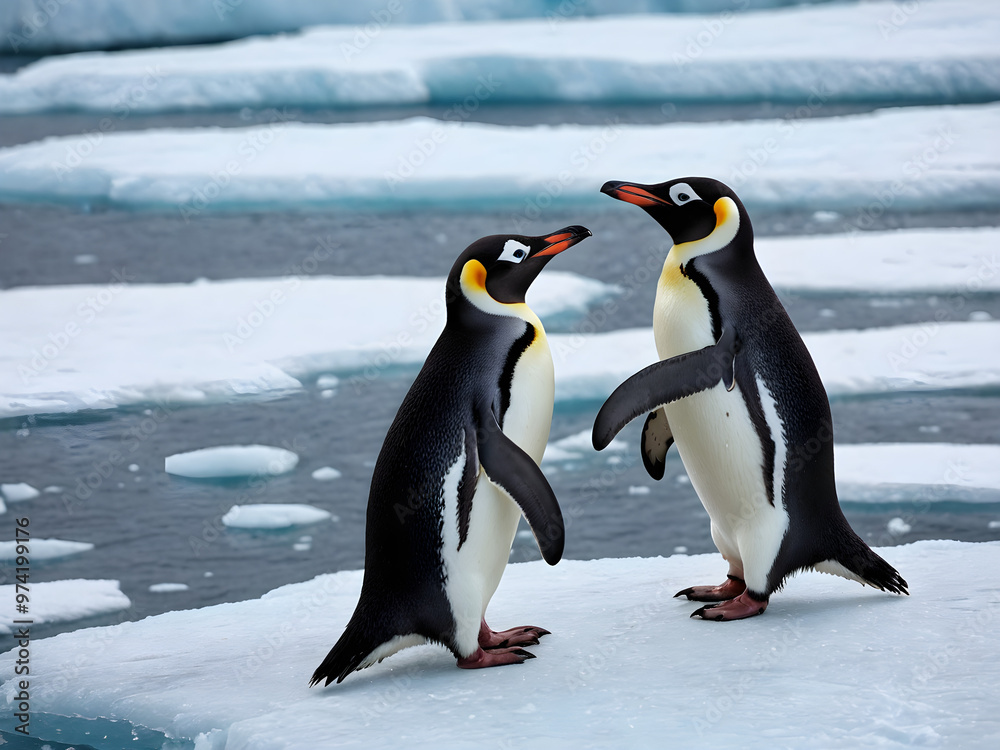 Fototapeta premium Penguins Adelie walking together on the snow. Beautiful Photography. Generative AI.