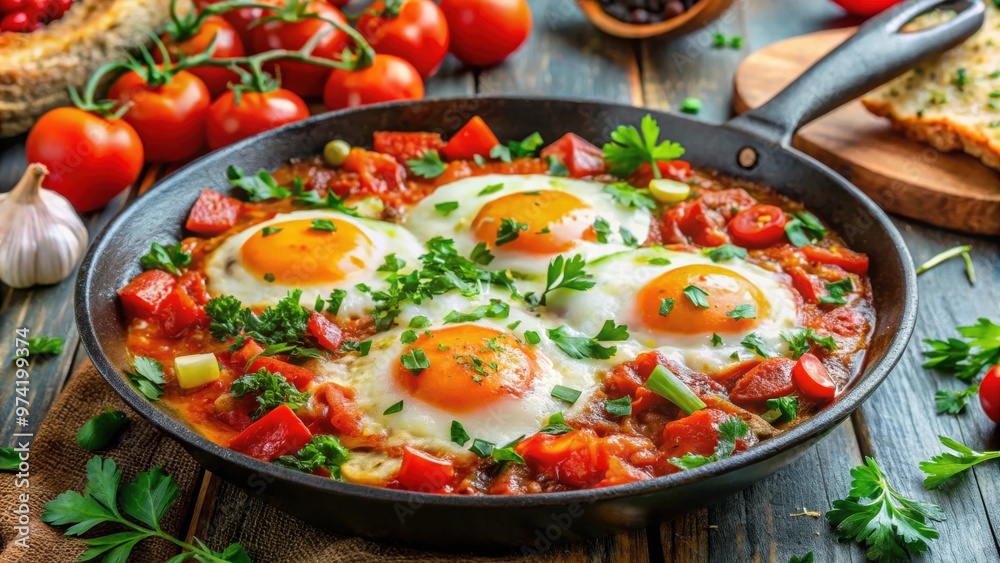 Delicious late breakfast fried eggs with vegetables shakshuka, a popular Arabic cuisine dish, served as kosher food Delicious late breakfast fried eggs with vegetables shakshuka, a popular Arabic cuisine dish, served as kosher food