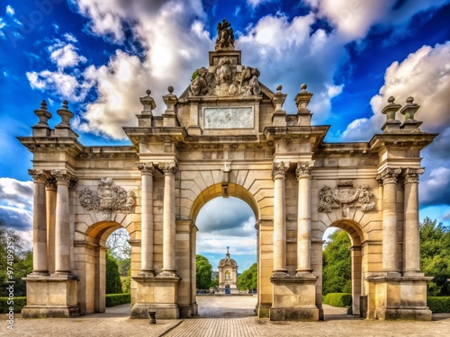 Historic granular stone gate with ornate details, majestic columns, and arched entrance, set against a bright blue sky