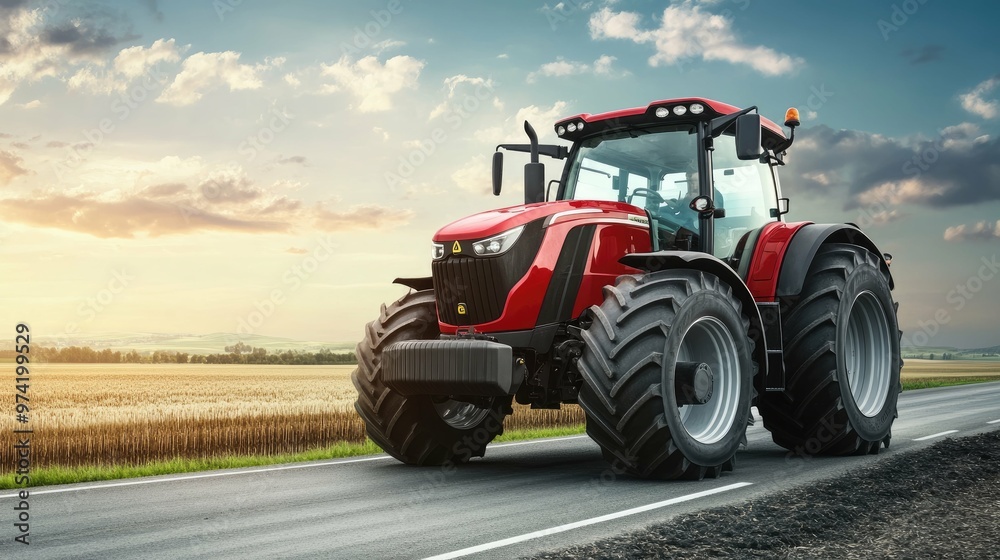 A red tractor drives down a paved road past a field of crops with the setting sun behind it. A red tractor drives down a paved road past a field of crops with the setting sun behind it.