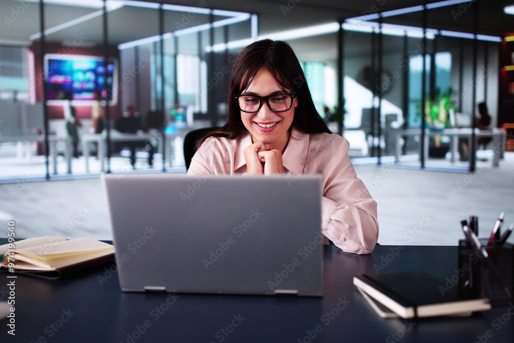 Business Woman Working At Computer With Documents In Office, Looking Business Woman Working At Computer With Documents In Office, Looking