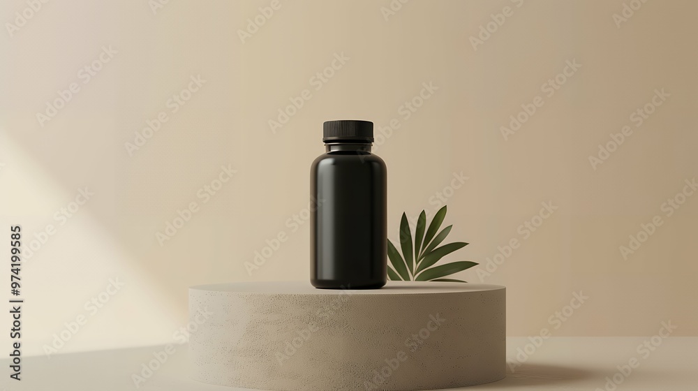 Minimalist Mockup of a Sleek Black Medicine Bottle on Modern Podium, Perfect for Supplement Packaging, Pharmacy Branding, or Healthcare Product Presentation Minimalist Mockup of a Sleek Black Medicine Bottle on Modern Podium, Perfect for Supplement Packaging, Pharmacy Branding, or Healthcare Product Presentation