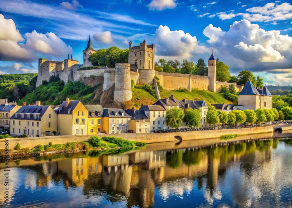 Historic medieval French town of Chinon's picturesque castle and River Vienne waterfront, with rustic stone buildings Historic medieval French town of Chinon's picturesque castle and River Vienne waterfront, with rustic stone buildings