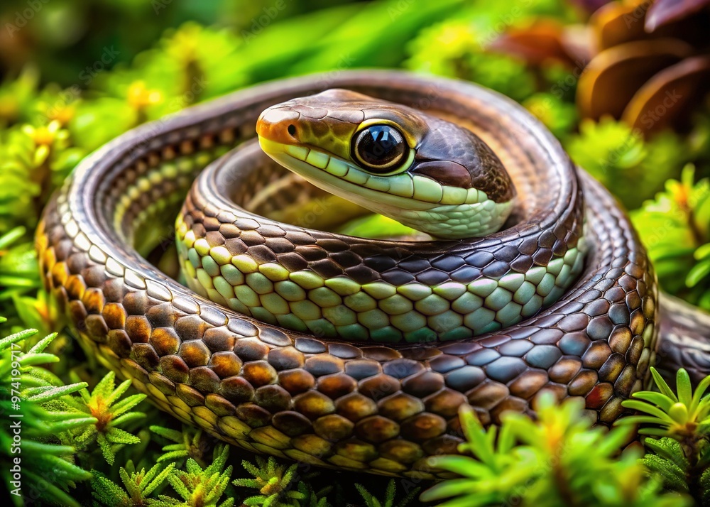Close-Up Of A Japanese Forest Rat Snake Coiled Amongst Green Undergrowth, Showcasing Its Distinct Markings And Scales.