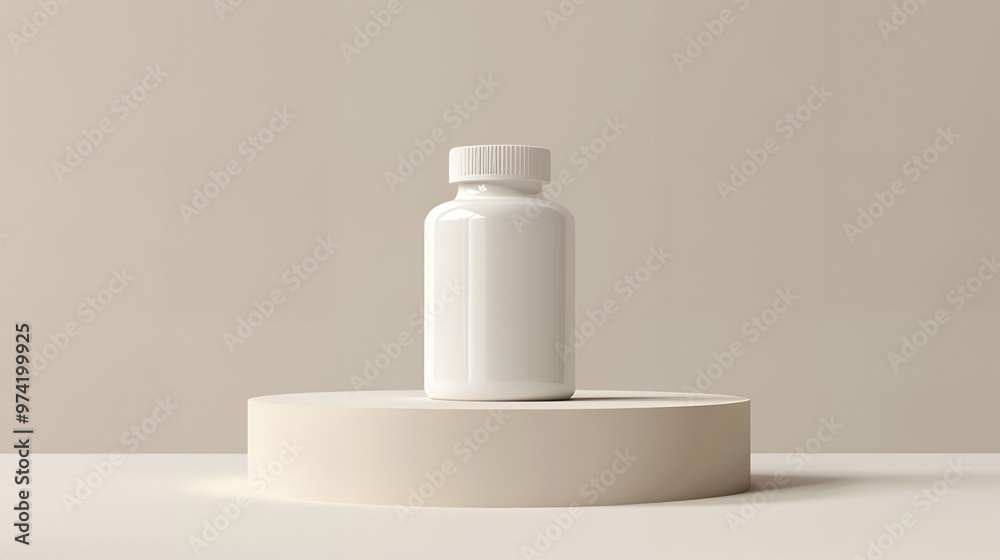 Clean and Modern Mockup: White Medicine Bottle Displayed on Minimalist Podium for Healthcare Branding, Pharmaceutical Packaging, and Medical Product Marketing Showcase
