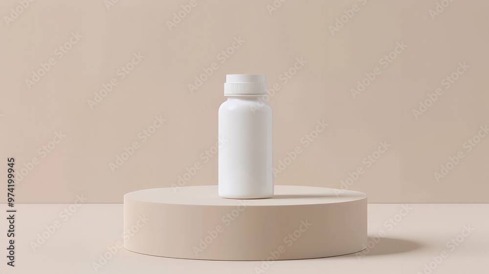 Clean and Modern Mockup: White Medicine Bottle Displayed on Minimalist Podium for Healthcare Branding, Pharmaceutical Packaging, and Medical Product Marketing Showcase Clean and Modern Mockup: White Medicine Bottle Displayed on Minimalist Podium for Healthcare Branding, Pharmaceutical Packaging, and Medical Product Marketing Showcase