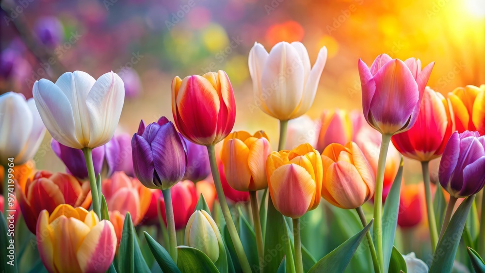 Blooming tulips unfurl their petals in a kaleidoscope of colors, dancing against a hazy backdrop that softens their Blooming tulips unfurl their petals in a kaleidoscope of colors, dancing against a hazy backdrop that softens their