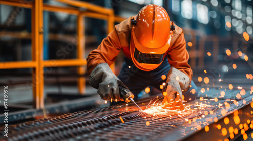 A factory worker in safety gear grinding metal, with bright sparks flying, emphasizing industrial work and precision.