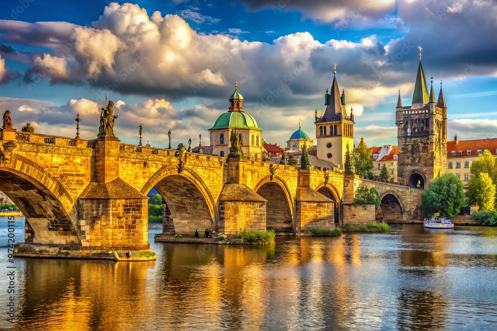 Fototapeta premium Historic stone arches stretch across the Vltava River, lined with ornate statues, in the iconic medieval bridge of