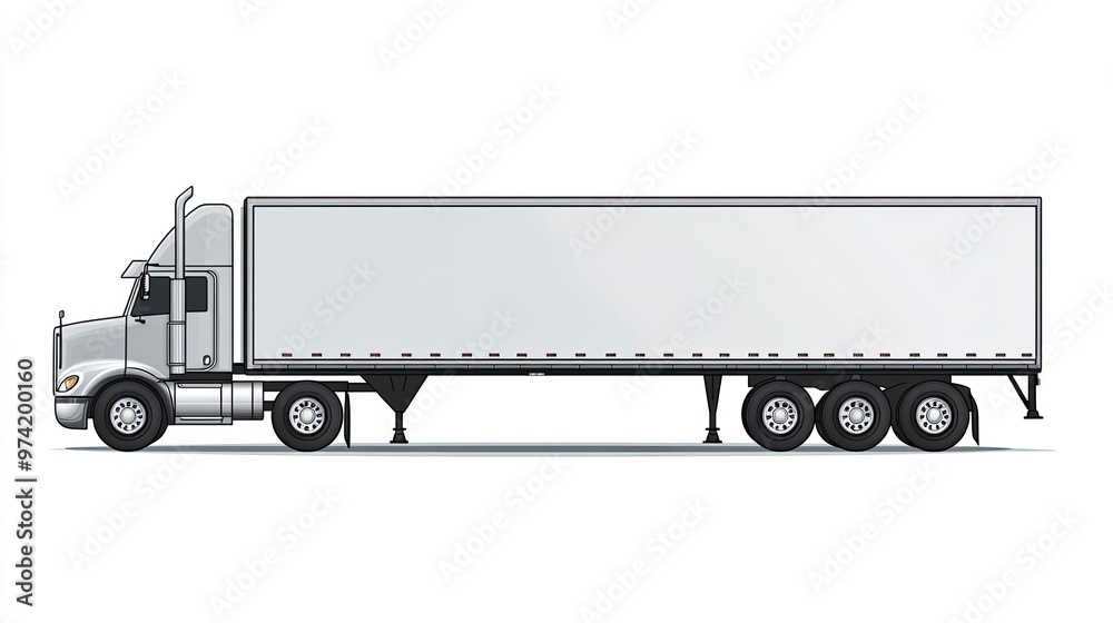 A silver semi-trailer truck with a white trailer, isolated on a white background. A silver semi-trailer truck with a white trailer, isolated on a white background.