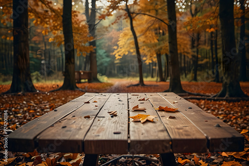 Fall Wooden Table - Autumn Season In Orange Forest