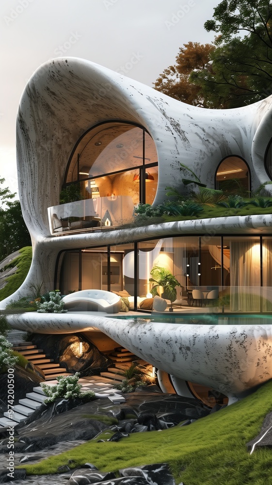 Striking organic house embedded into hilly terrain, modernist architecture. Design merges with nature, clean lines, large windows, and natural materials, harmony between structure and landscape. Striking organic house embedded into hilly terrain, modernist architecture. Design merges with nature, clean lines, large windows, and natural materials, harmony between structure and landscape.