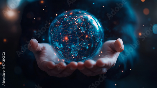 Hands holding a glowing globe depicting a digital world with intricate connections and illuminated points during a nighttime setting