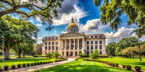 Historic neoclassical-style government building with iconic dome and columns surrounded by lush greenery and majestic photo