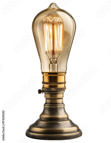 Vintage Brass Table Lamp with Edison Bulb - Isolated on Transparent Background