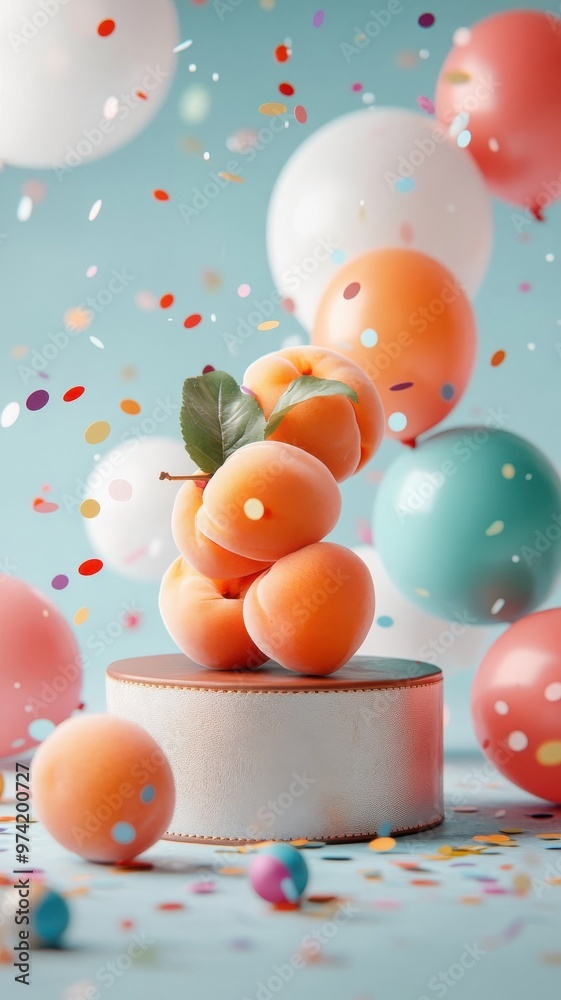 A fresh apricot on a leather podium, surrounded by confetti and balloons, creating a festive atmosphere. A fresh apricot on a leather podium, surrounded by confetti and balloons, creating a festive atmosphere.