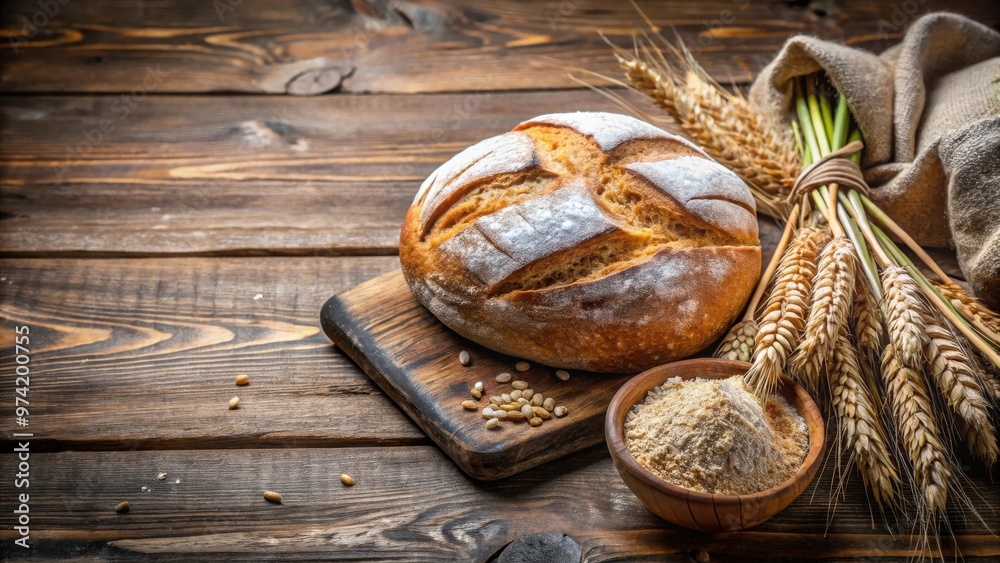 Rustic artisan sourdough bread loaves and wheat spike with flour on wooden background Rustic artisan sourdough bread loaves and wheat spike with flour on wooden background