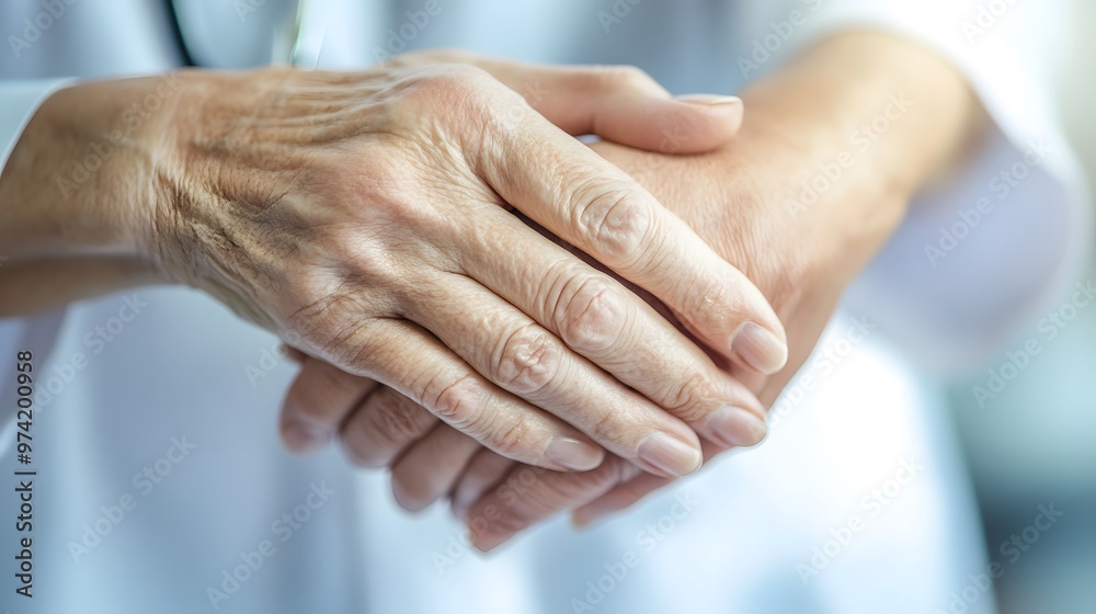 Fototapeta premium Measuring Pulse: Doctor's hands gently holding a patient's wrist, measuring the pulse.