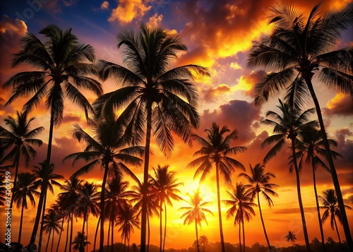 Dark silhouette of lush palm trees and exotic foliage against a vibrant  warm-toned tropical sunset backdrop  creating a striking and dramatic wallpaper design.