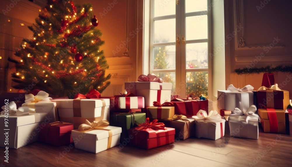 Obraz premium many bright gifts under the Christmas tree decorated with garland and toys, the concept of the Christmas and New Year holiday.