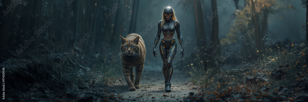 woman future forest nature cat single cyborg woman future forest nature cat single cyborg