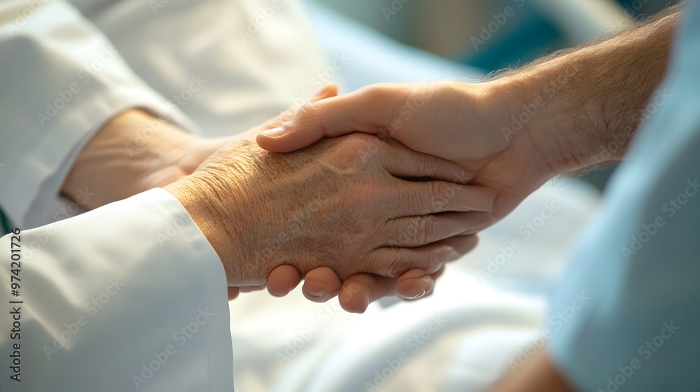 Measuring Pulse: Doctor's hands gently holding a patient's wrist, measuring the pulse. 
