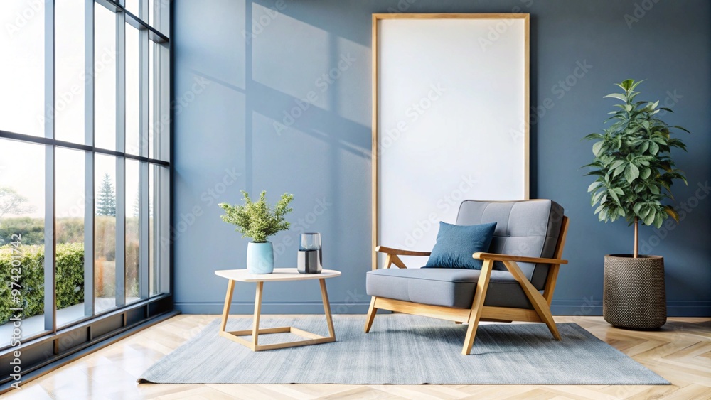 Japandi, minimalist interior design of modern living room with accent armchair and grey mock up wall with copy space.
Japandi, minimalist interior design of modern living room with accent armchair and grey mock up wall with copy space.