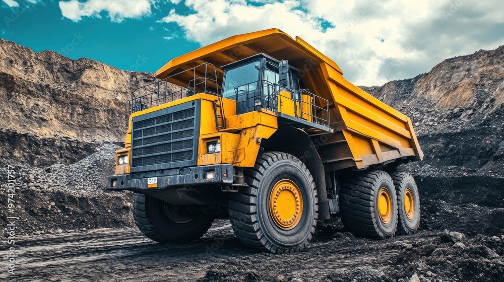 A yellow dump truck is parked on a dirt road in a coal mine. A yellow dump truck is parked on a dirt road in a coal mine.