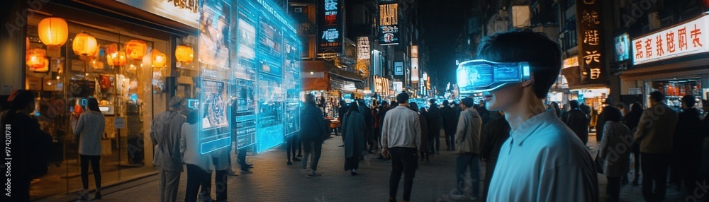 A futuristic urban scene showcasing a person wearing a VR headset, surrounded by vibrant city lights and digital projections. A futuristic urban scene showcasing a person wearing a VR headset, surrounded by vibrant city lights and digital projections.