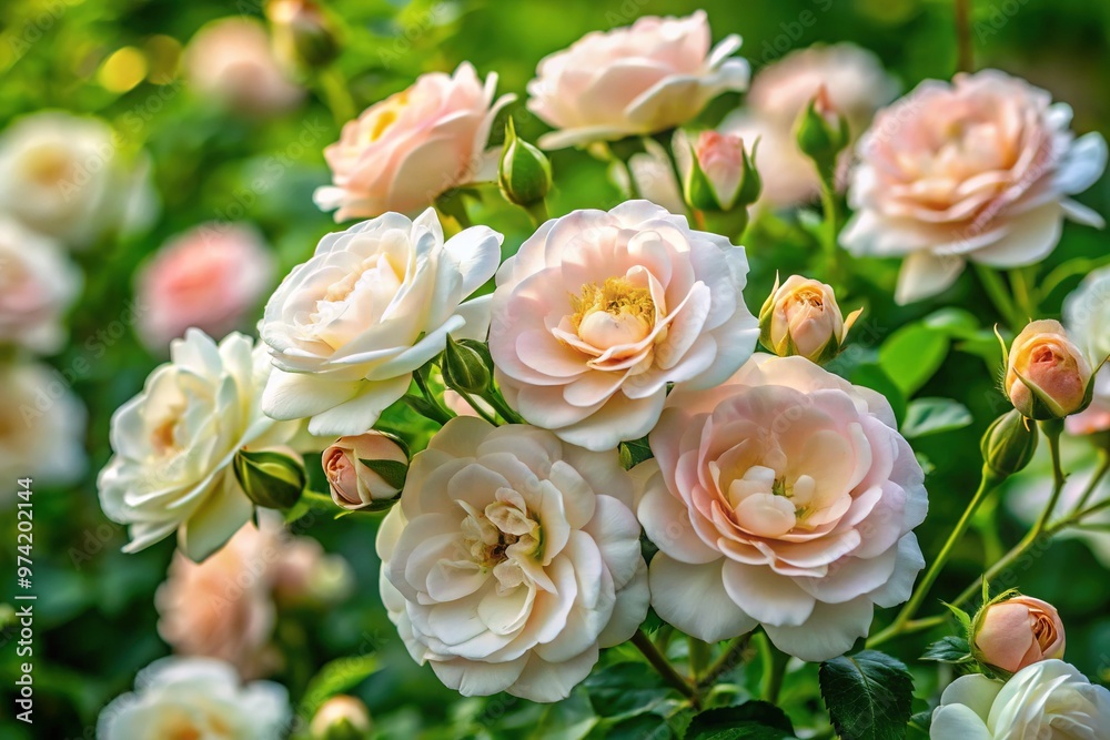 Obraz premium Delicate, soft-petaled tiny rose flowers in shades of pale pink and creamy white bloom in a lush, verdant garden bed amidst fresh green foliage.
