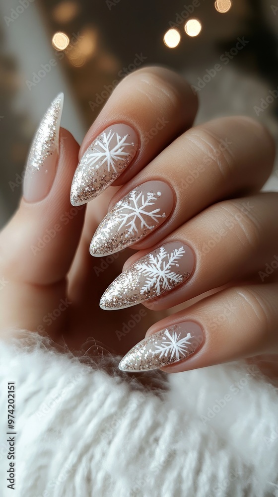 Close-up of a Hand with Almond-Shaped Nails Decorated with White Snowflakes and Gold Glitter Close-up of a Hand with Almond-Shaped Nails Decorated with White Snowflakes and Gold Glitter