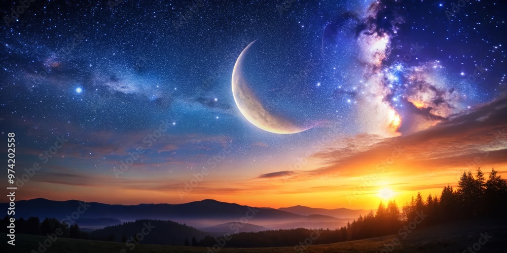 Fototapeta premium Crescent moon glows with a soft, ethereal light in a star-spangled twilight sky, its subtle beauty radiating serenity