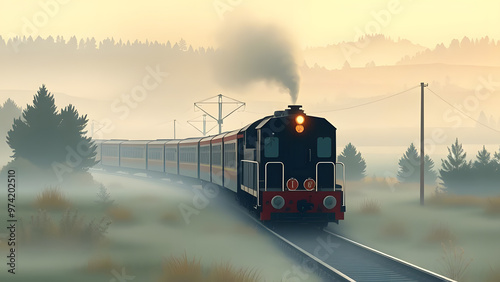 Train chugging through foggy landscape at dawn near quiet countryside photo