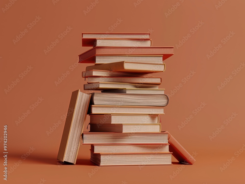 A Tower of Knowledge: A precariously balanced stack of books in warm, inviting tones promises endless learning and literary adventures, 3D illustration A Tower of Knowledge: A precariously balanced stack of books in warm, inviting tones promises endless learning and literary adventures, 3D illustration
