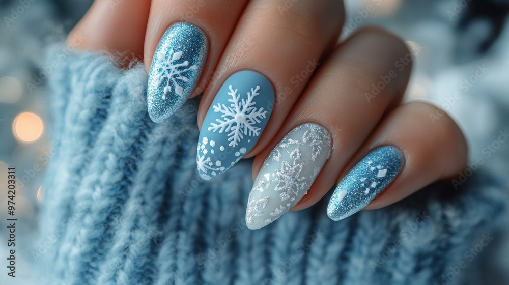 Close-up of a Woman's Hand with Blue and White Snowflake Nail Art Close-up of a Woman's Hand with Blue and White Snowflake Nail Art