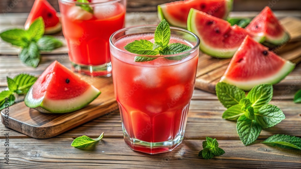 Watermelon Juice with Fresh Mint Leaves in a Glass on Rustic Wooden Table. watermelon lemonade with ice and mint leaves home
Watermelon Juice with Fresh Mint Leaves in a Glass on Rustic Wooden Table. watermelon lemonade with ice and mint leaves home