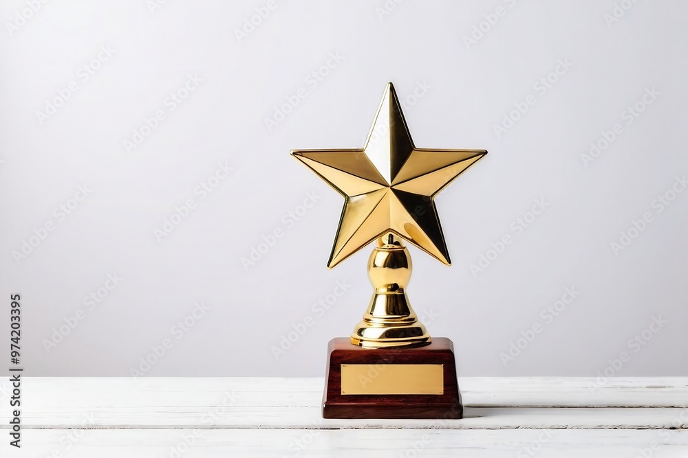 Golden star trophy on a wooden table against a white background with copy space. Golden star trophy on a wooden table against a white background with copy space.