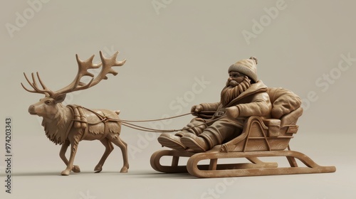 Wooden Santa's Sleigh Ride: A whimsical wooden carving of Santa Claus in his sleigh, pulled by a loyal reindeer, evokes the magic of Christmas, 3D illustration