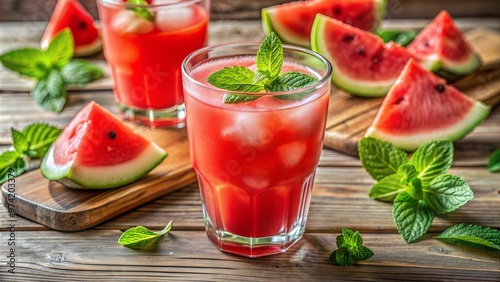 Watermelon Juice with Fresh Mint Leaves in a Glass on Rustic Wooden Table. watermelon lemonade with ice and mint leaves home 