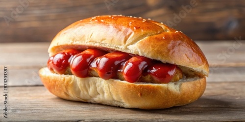 Freshly baked bread roll filled with juicy sausage and topped with tangy ketchup