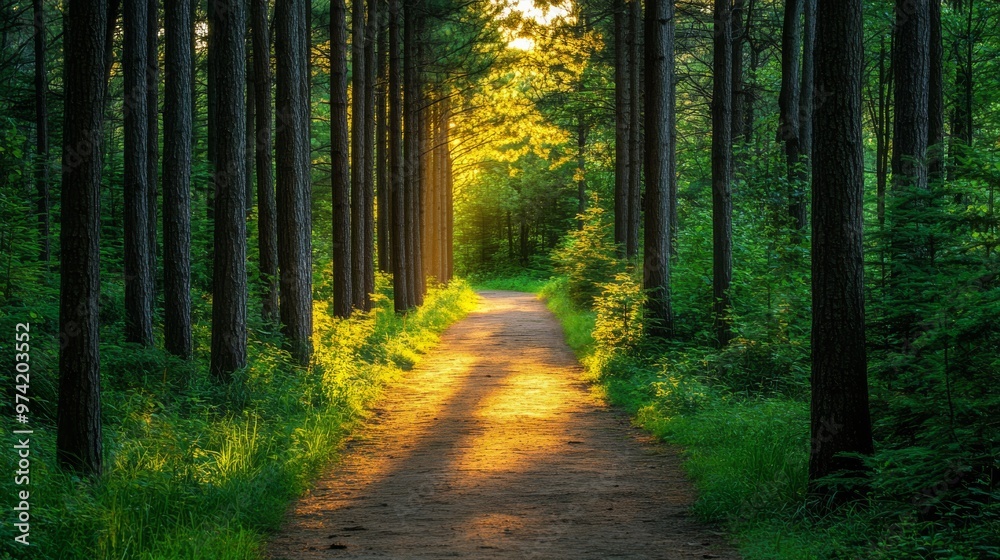 A green forest path surrounded by tall trees, A green forest path surrounded by tall trees,