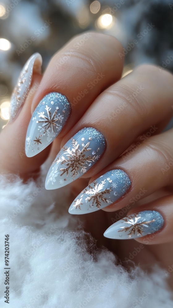 Close-up of Hand with Blue and White Nail Polish Decorated with Gold Snowflakes Close-up of Hand with Blue and White Nail Polish Decorated with Gold Snowflakes