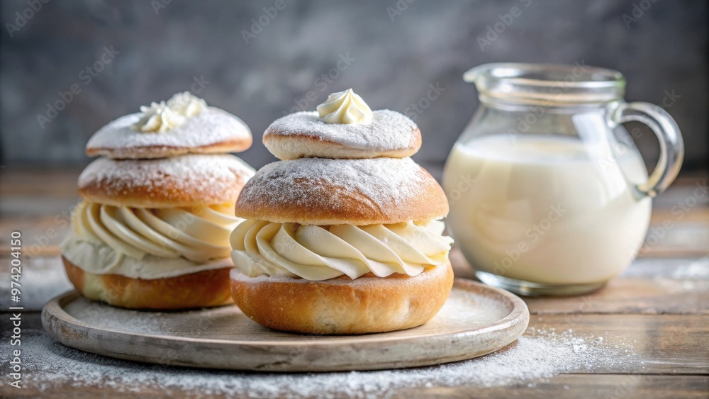 Traditional Swedish semla dessert with almond paste and whipped cream filling, served with milk, horizontal composition with copy space Traditional Swedish semla dessert with almond paste and whipped cream filling, served with milk, horizontal composition with copy space