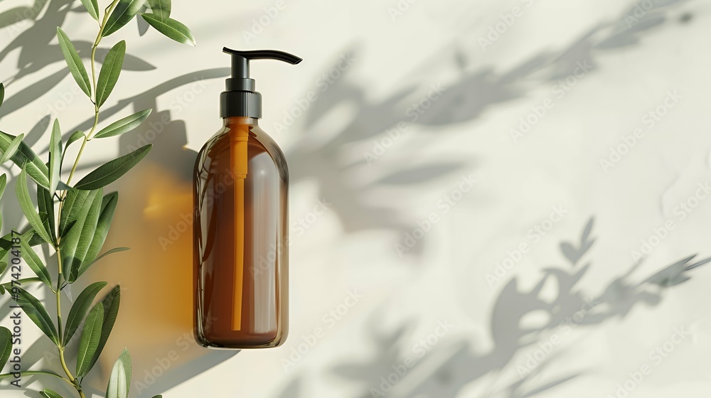 Elegant Soap or Shampoo Dispenser Bottle with Olive Leaves: Premium Product Display Mockup for Luxury Skincare Branding, High-Quality Packaging, and Sophisticated Marketing